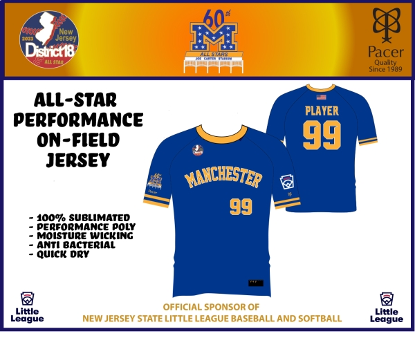 MANCHESTER LITTLE LEAGUE OFFICIAL 2023 8 YEAR OLD ALL-STAR JERSEY by PACER