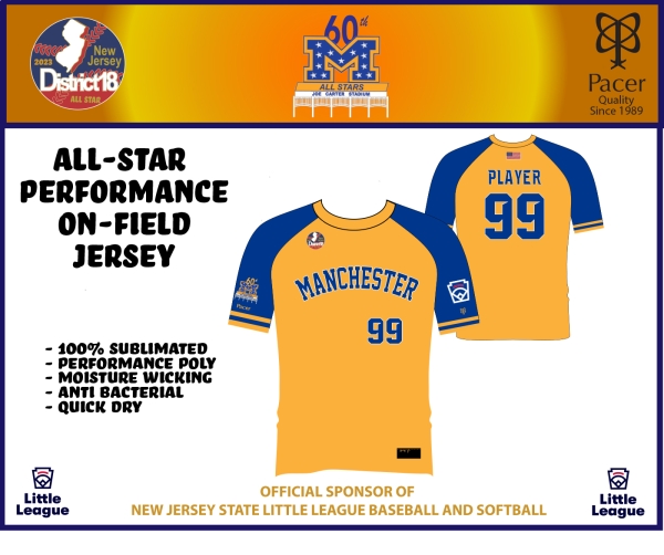 MANCHESTER LITTLE LEAGUE OFFICIAL 2023 T-BALL GOLD ALL-STAR JERSEY by PACER