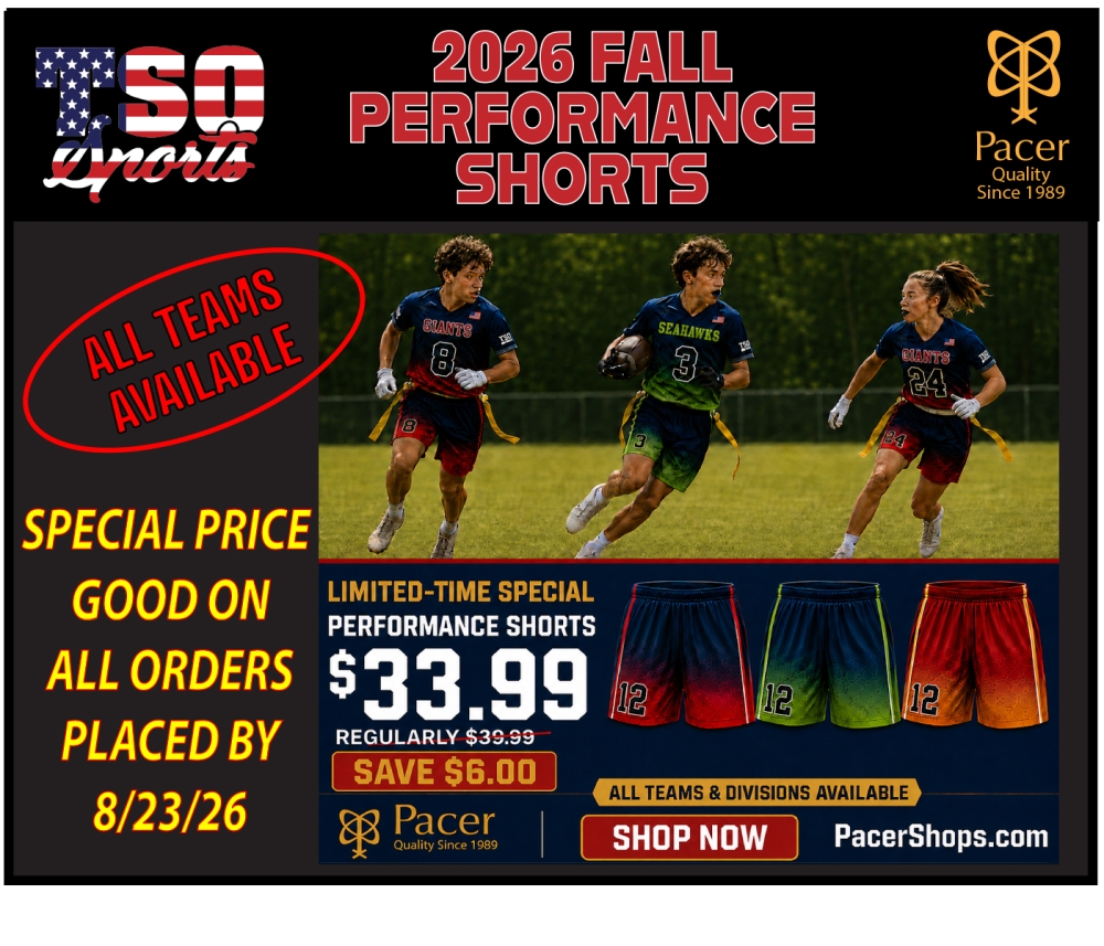 TSO FOOTBALL OFFICIAL FALL 2026 100% SUBLIMATED ON-FIELD GAME SHORTS by PACER