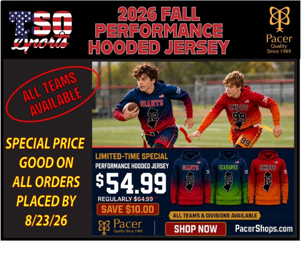 TSO FOOTBALL OFFICIAL FALL 2026 100% SUBLIMATED ON-FIELD HOODED JERSEY by PACER